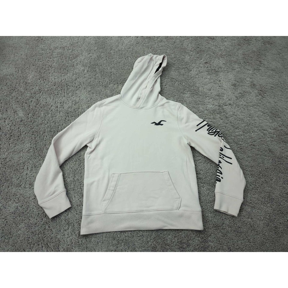 Hollister California Hoodie Mens S Light Pink ScriptLogo Sleeve Floral BackPrint